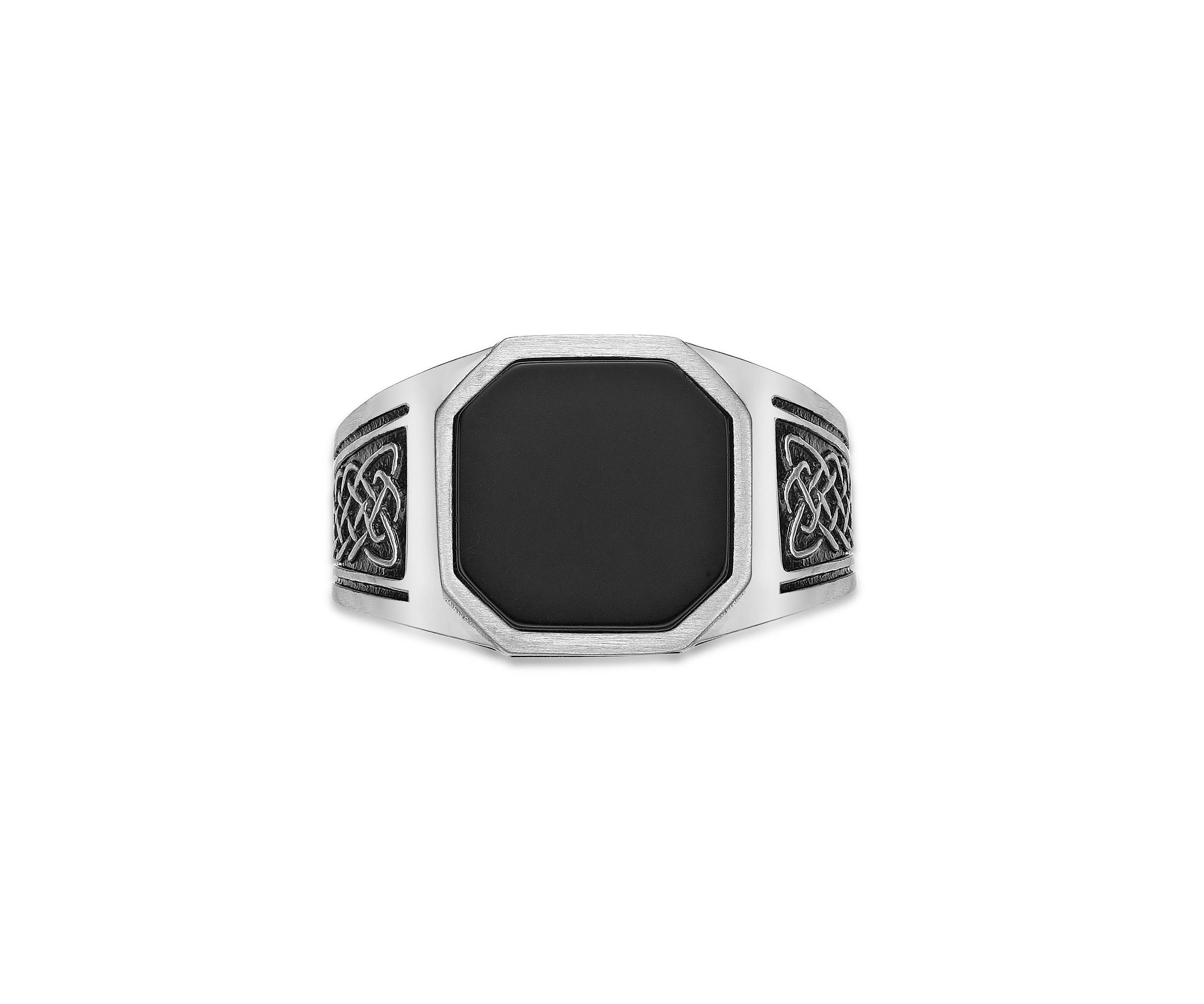 Stainless Steel Ring with Black Agate and Black Ion Plating - 14.5MM