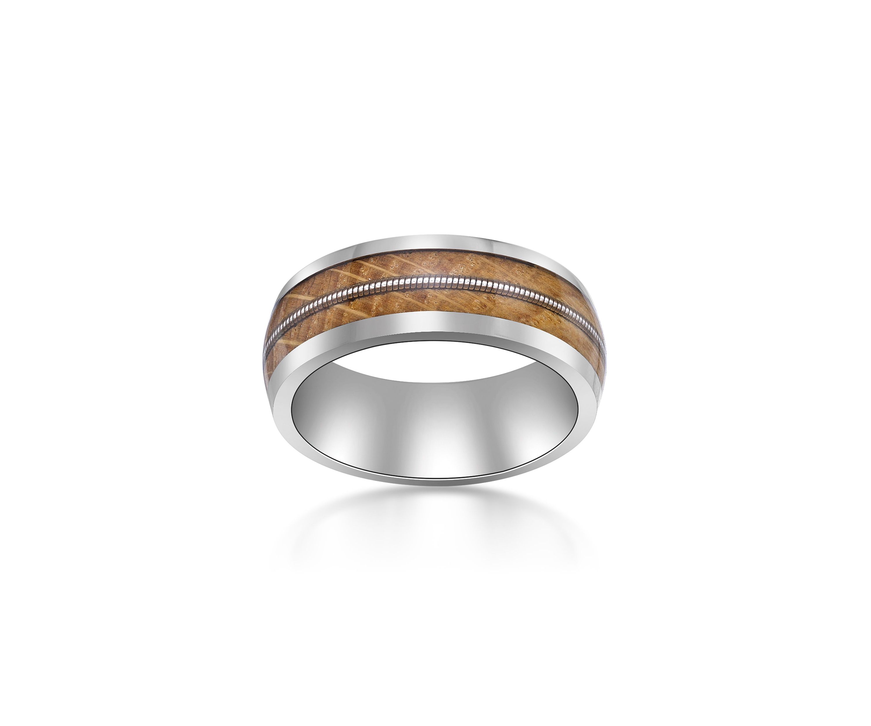 Stainless Steel Ring With Whisky Barrel Wood Inlay And Clear Resin