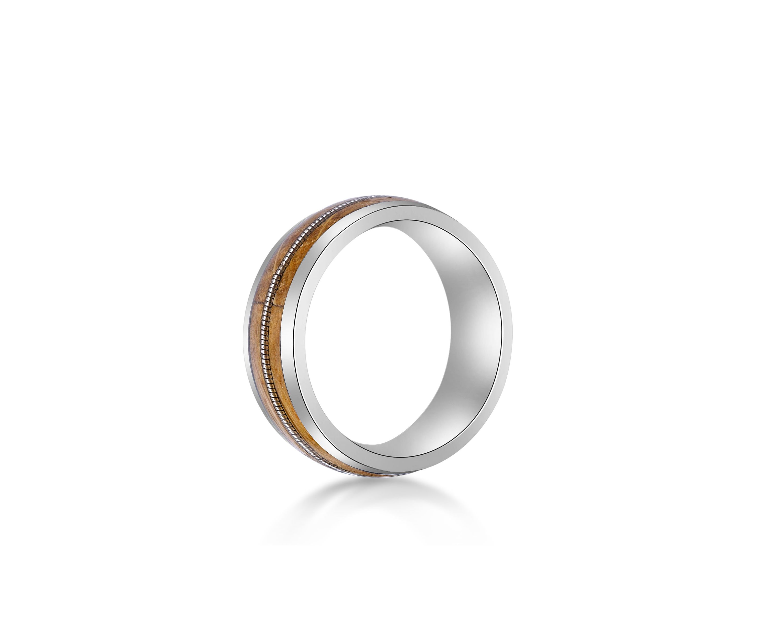 Stainless Steel Ring With Whisky Barrel Wood Inlay And Clear Resin