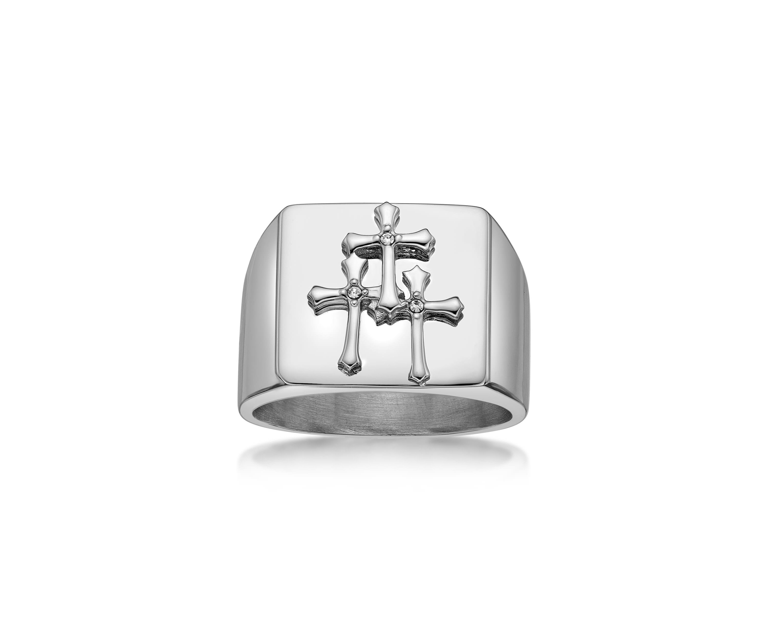 Stainless Steel And Crystal Cross Ring