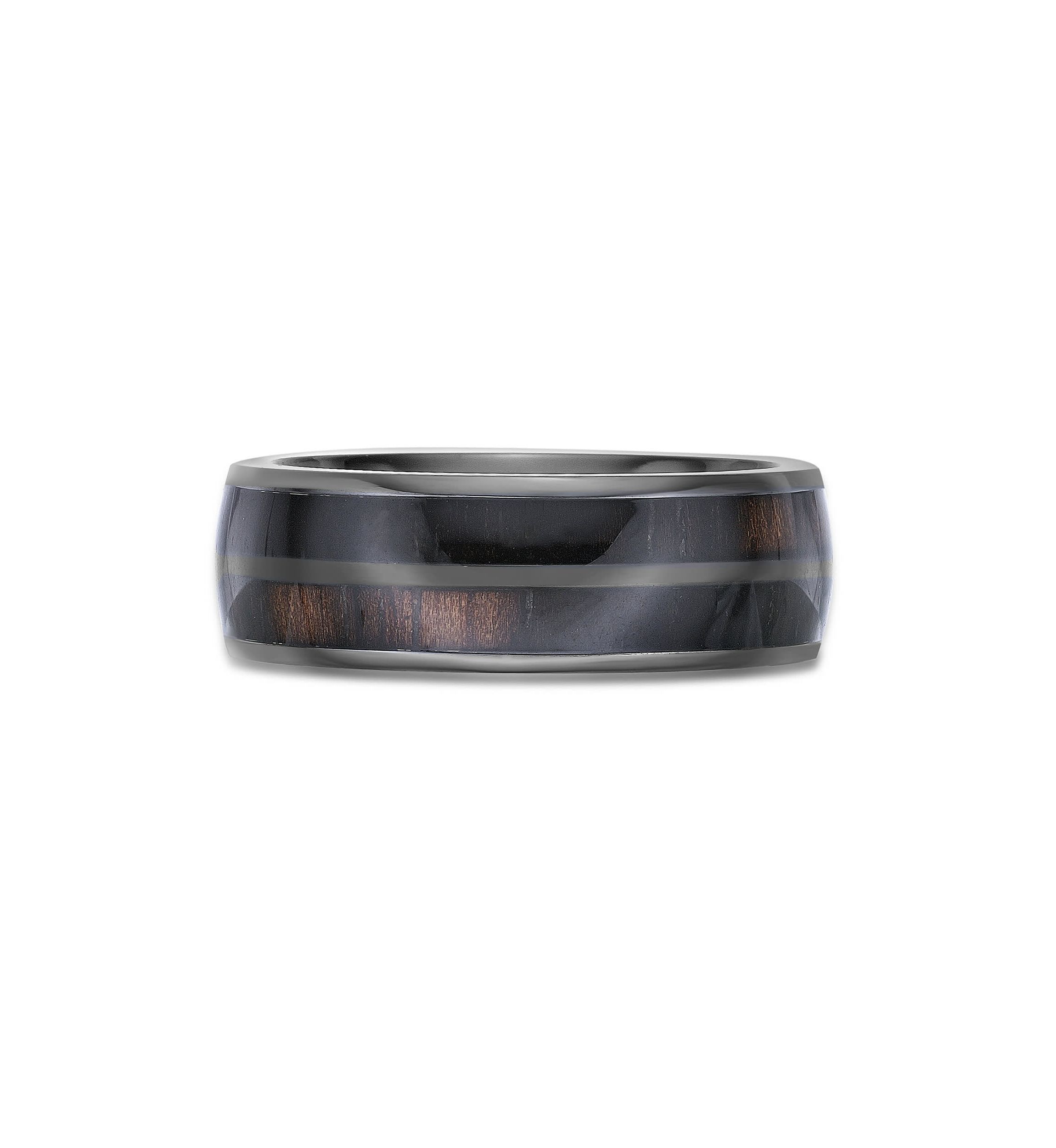 Black Zirconium Ring with Wood Sheet Inlay - 8MM