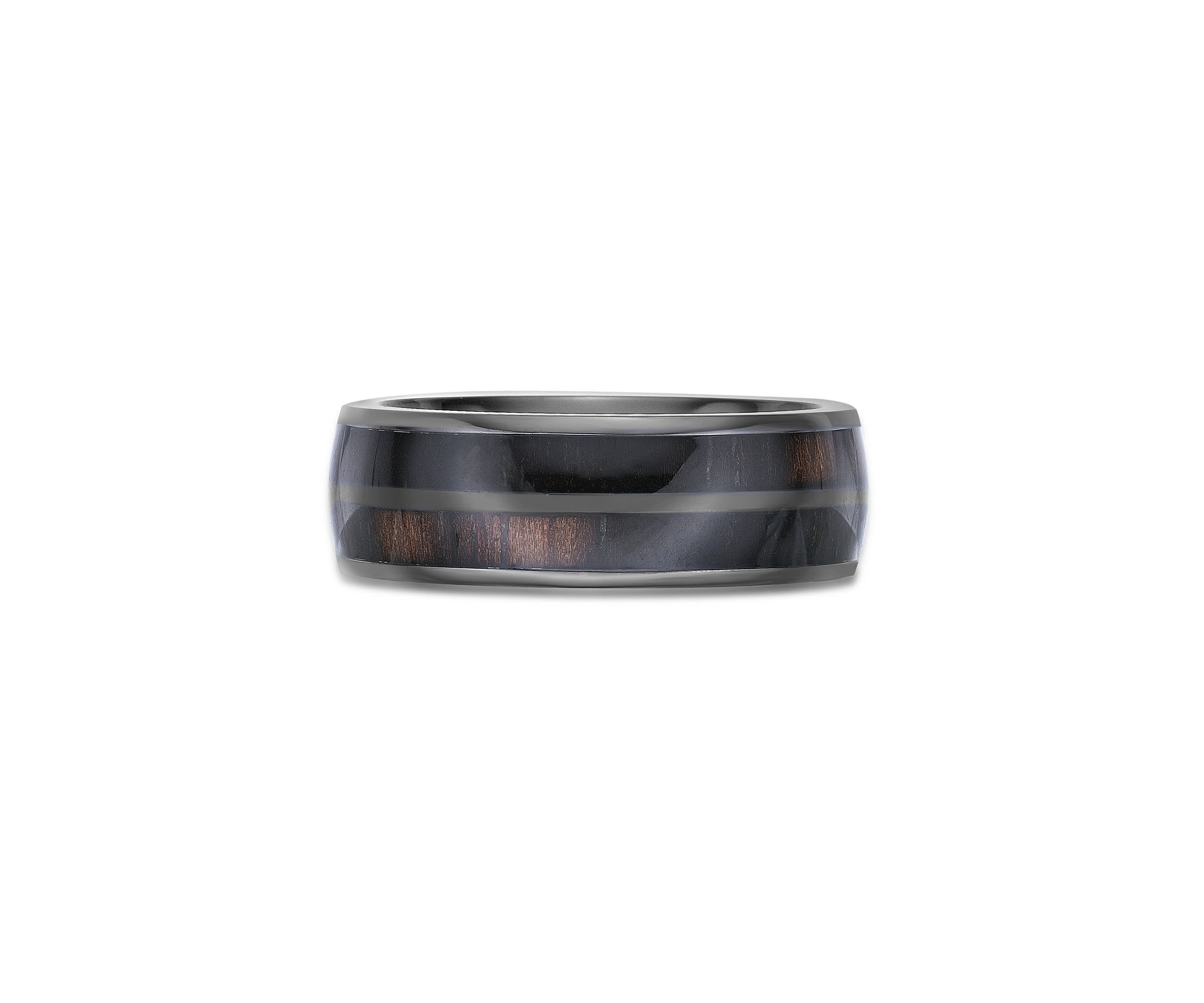 Black Zirconium Ring with Wood Sheet Inlay - 8MM