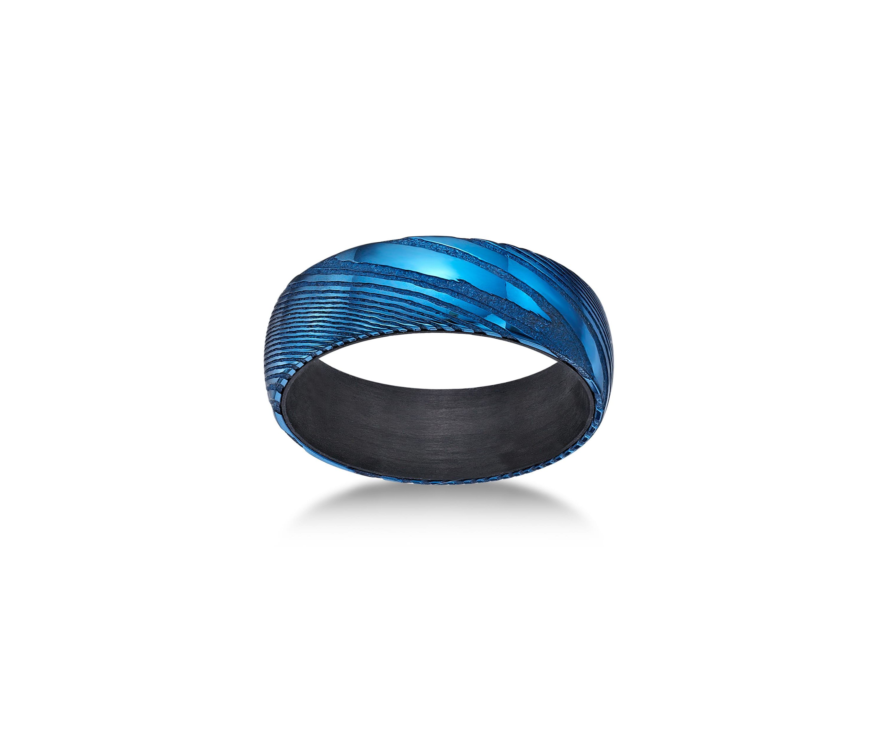 Damascus Steel Ring With Carbon Fiber Sleeve