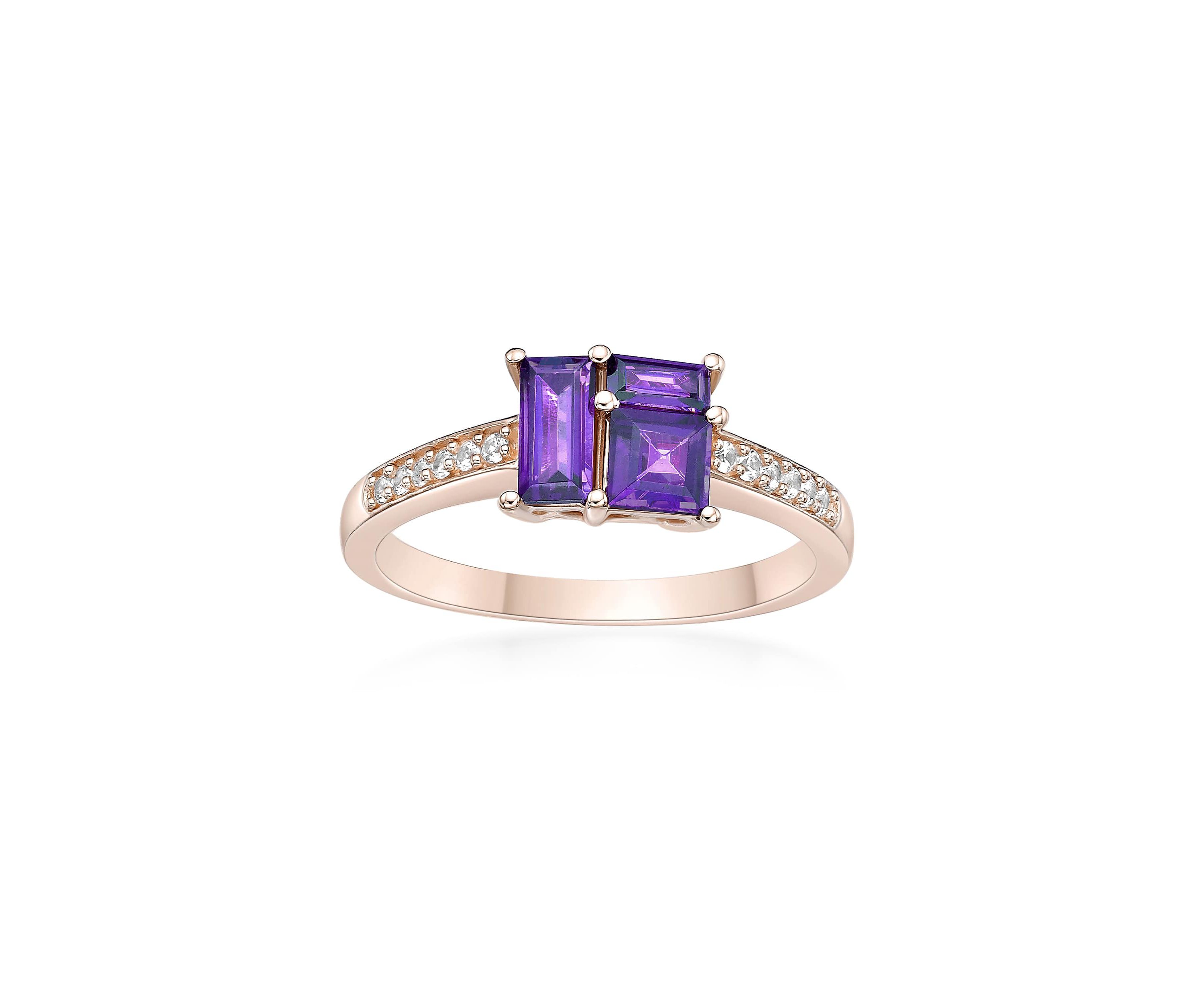 Amethyst and Created White Sapphire Ring in 2 Micron Rose Gold Plated Sterling Silver