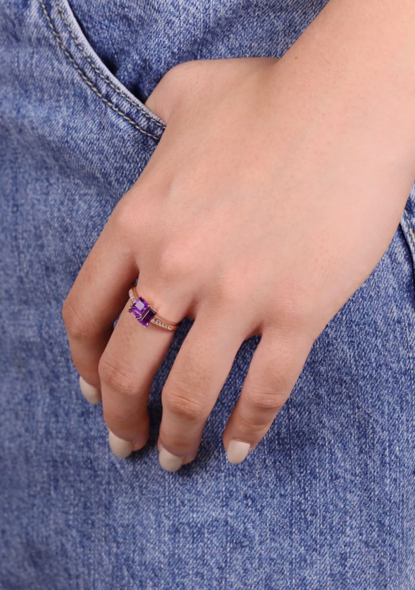 Amethyst and Created White Sapphire Ring in 2 Micron Rose Gold Plated Sterling Silver