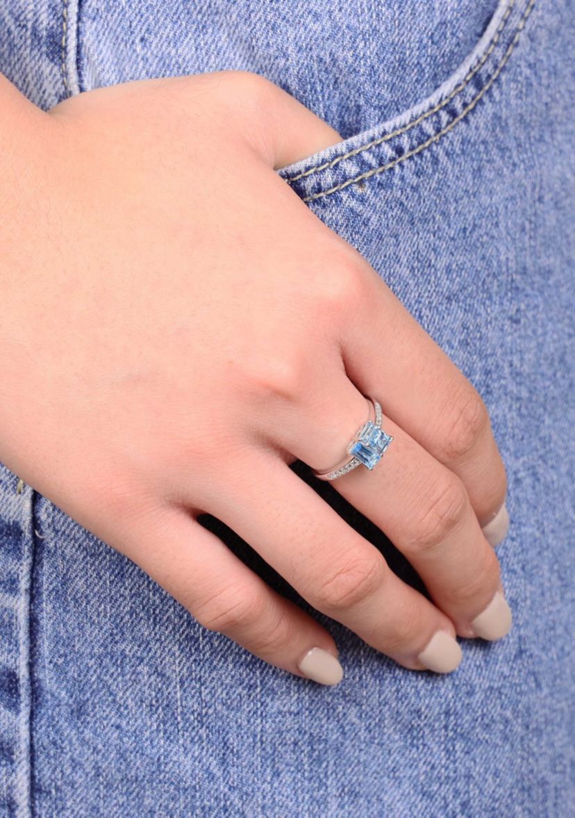 Blue Topaz and Created White Sapphire Ring in Sterling Silver