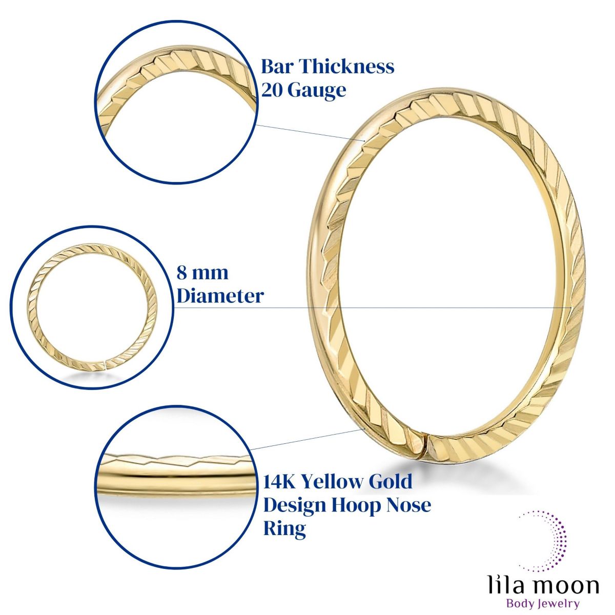 Lila Moon 8mm Textured Seamless Nose Ring in 14K Gold
