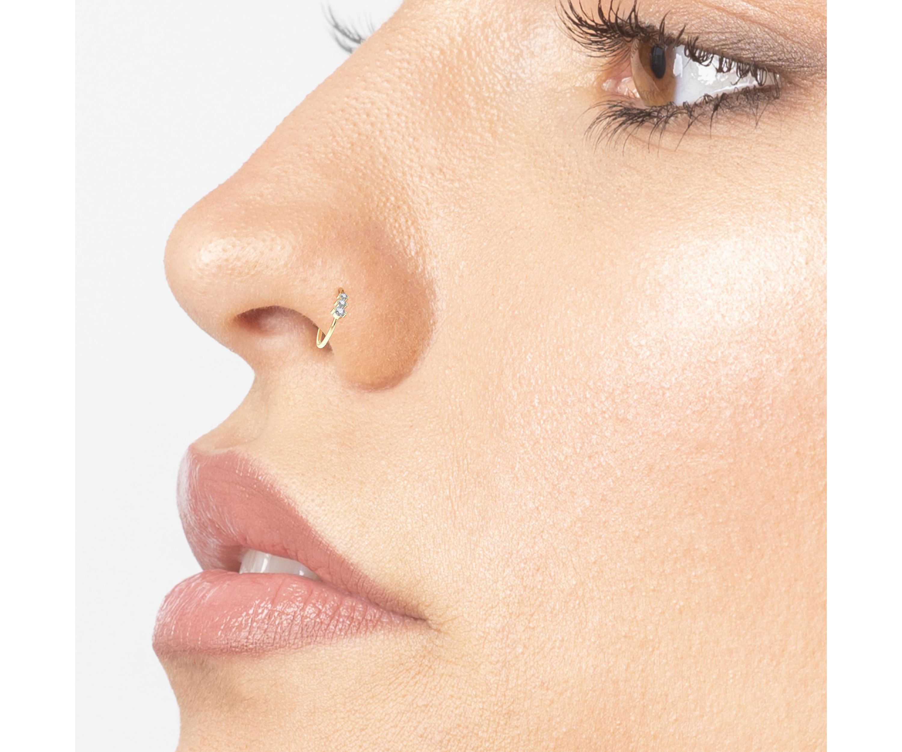 Lab Created Lila Moon Lab-Grown Diamond Accent 3-Stone Round Graduated Hoop Nose Ring in 14K Gold