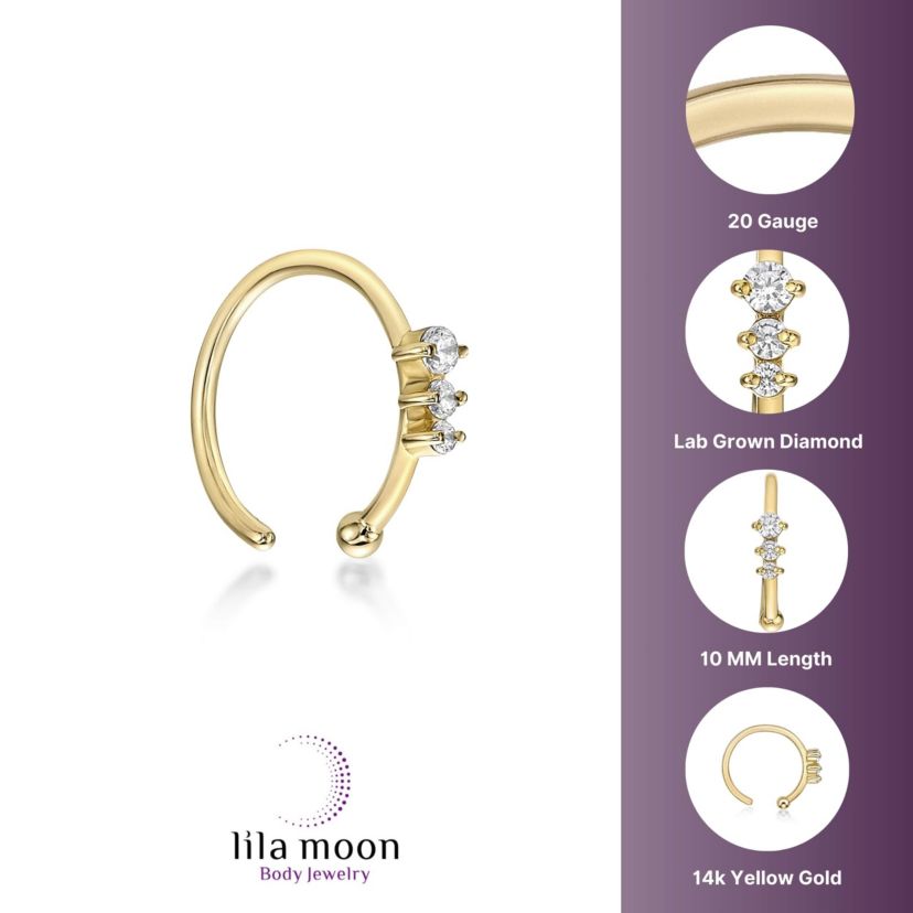 Lab Created Lila Moon Lab-Grown Diamond Accent 3-Stone Round Graduated Hoop Nose Ring in 14K Gold