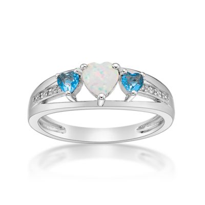 Gemminded Lab Created Sterling Silver Gemstone and Diamond Accent Heart 3-Stone Ring, Blue, 6.5