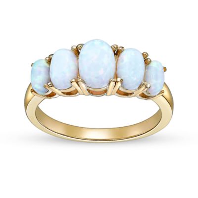 Gemminded Lab Created 1.32 ct. t.w. Created Opal Five Stone Ring in 2 Micron 18k Gold Plated Silver, White, 6