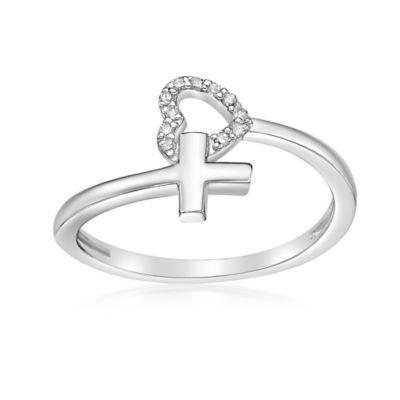 Gemminded Diamond Accent Heart and Cross Bypass Purity Ring in Sterling Silver, White, 6