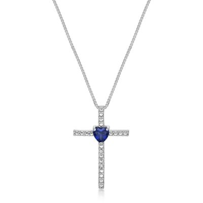 Gemminded Lab Created Heart-Shaped Gemstone Cross Pendant in Sterling Silver, Blue, 18 in