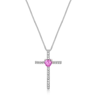 Gemminded Lab Created Heart-Shaped Gemstone Cross Pendant in Sterling Silver