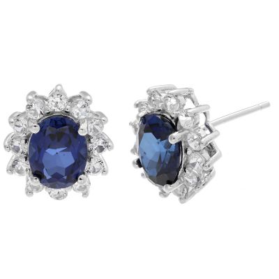 Gemminded Lab Created Oval Gemstone and 1 ct. t.w. Created White Sapphire Earrings in Sterling Silver, Blue