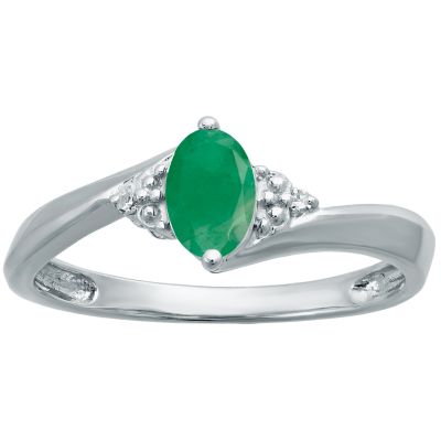 Gemminded Women's Oval Green Emerald & Diamond Ring in Sterling Silver, 6