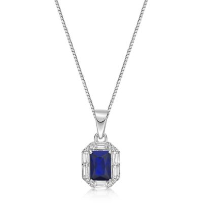 Gemminded Lab Created Women's Baguette Gemstone Pendant with Accents in Sterling Silver, Blue, 18 in