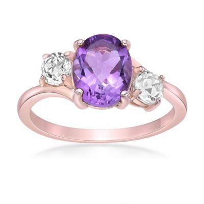 Gemminded Lab Created Women's Rose Gold Plated Sterling Silver Oval Cut Amethyst Ring with Created White Sapphire