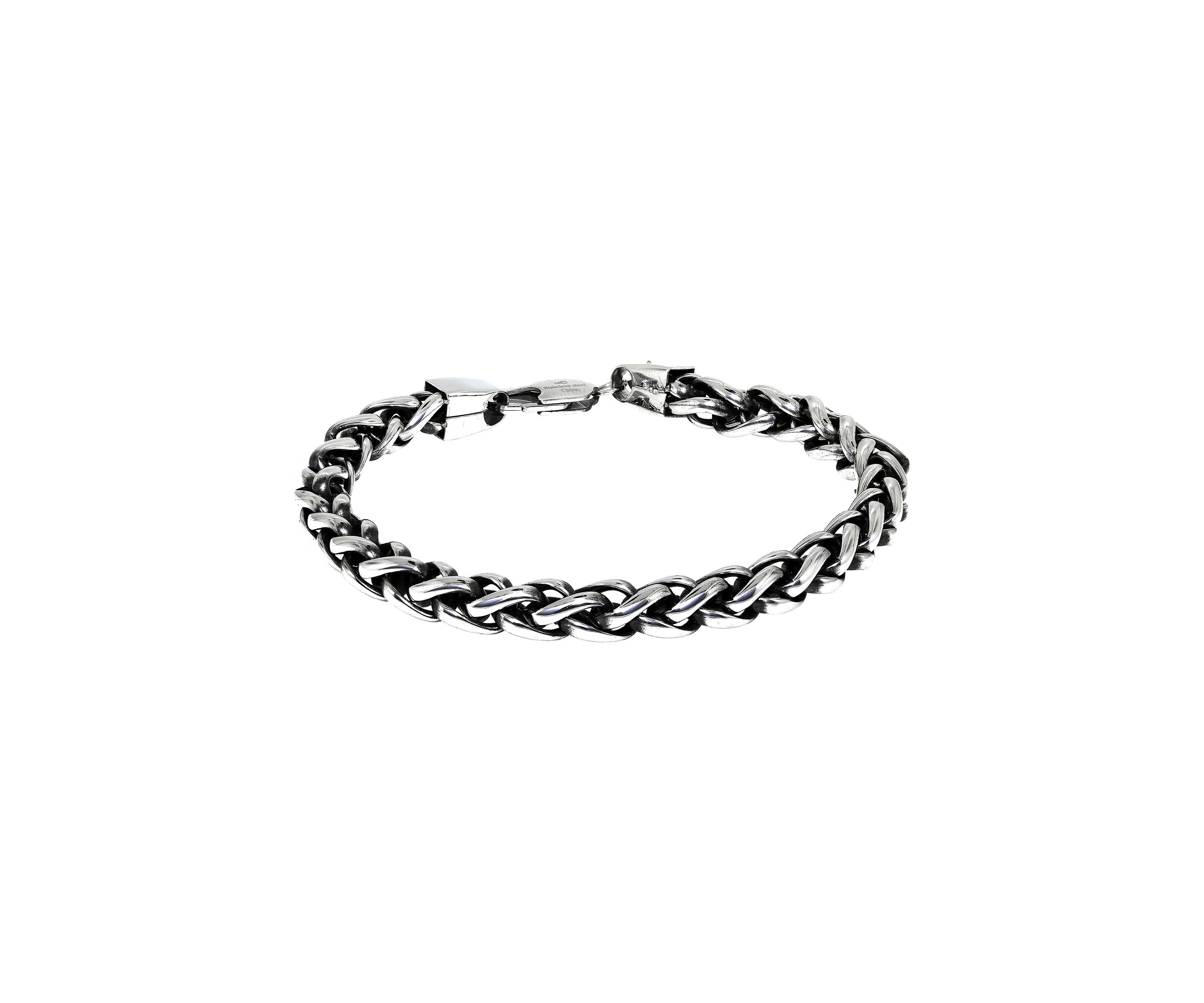 Stainless Steel 8 Millimeter Wheat Chain Bracelet with Black Plating Inlay, 10 Inch