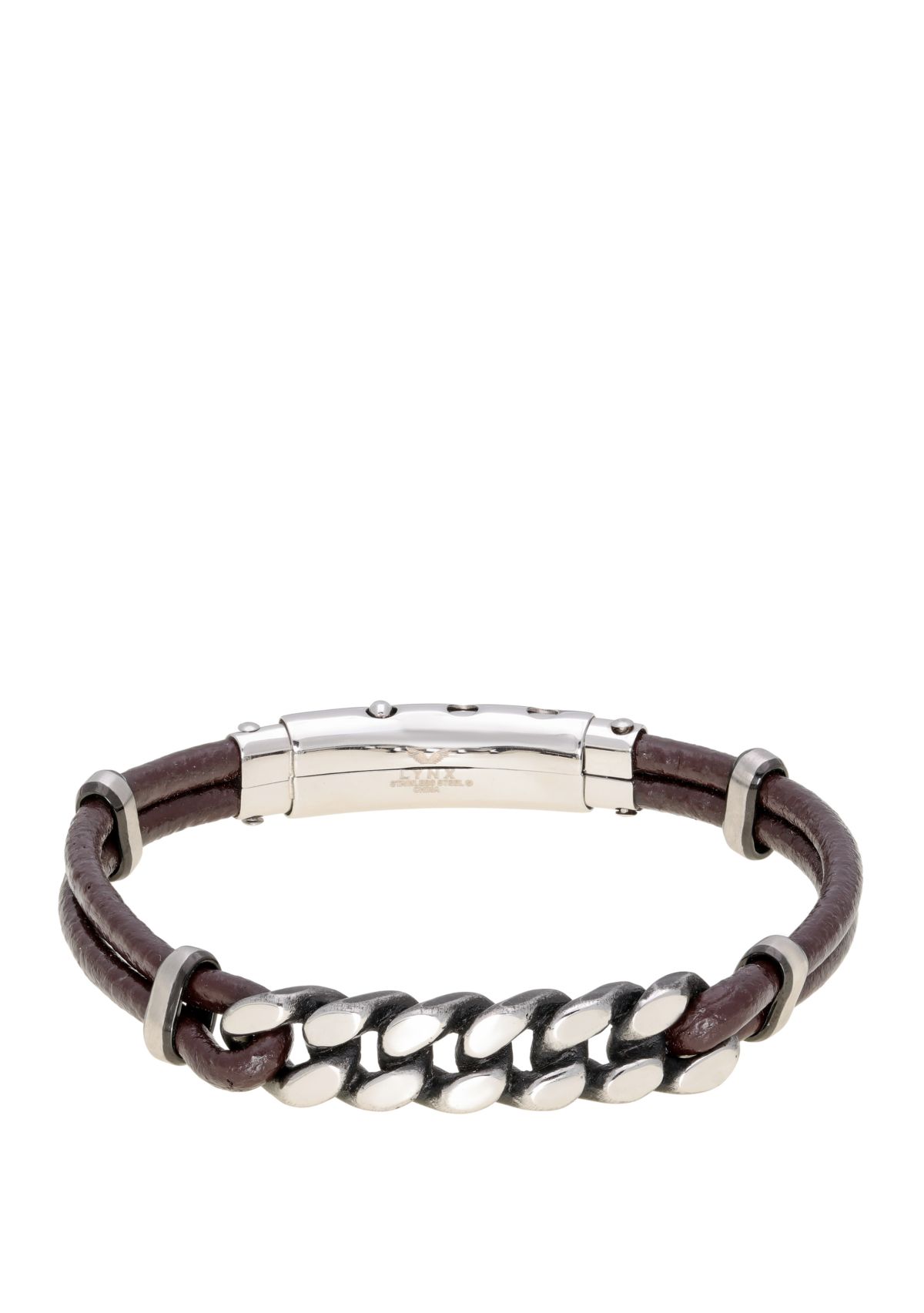 Stainless Steel and Brown Leather Adjustable Bracelet