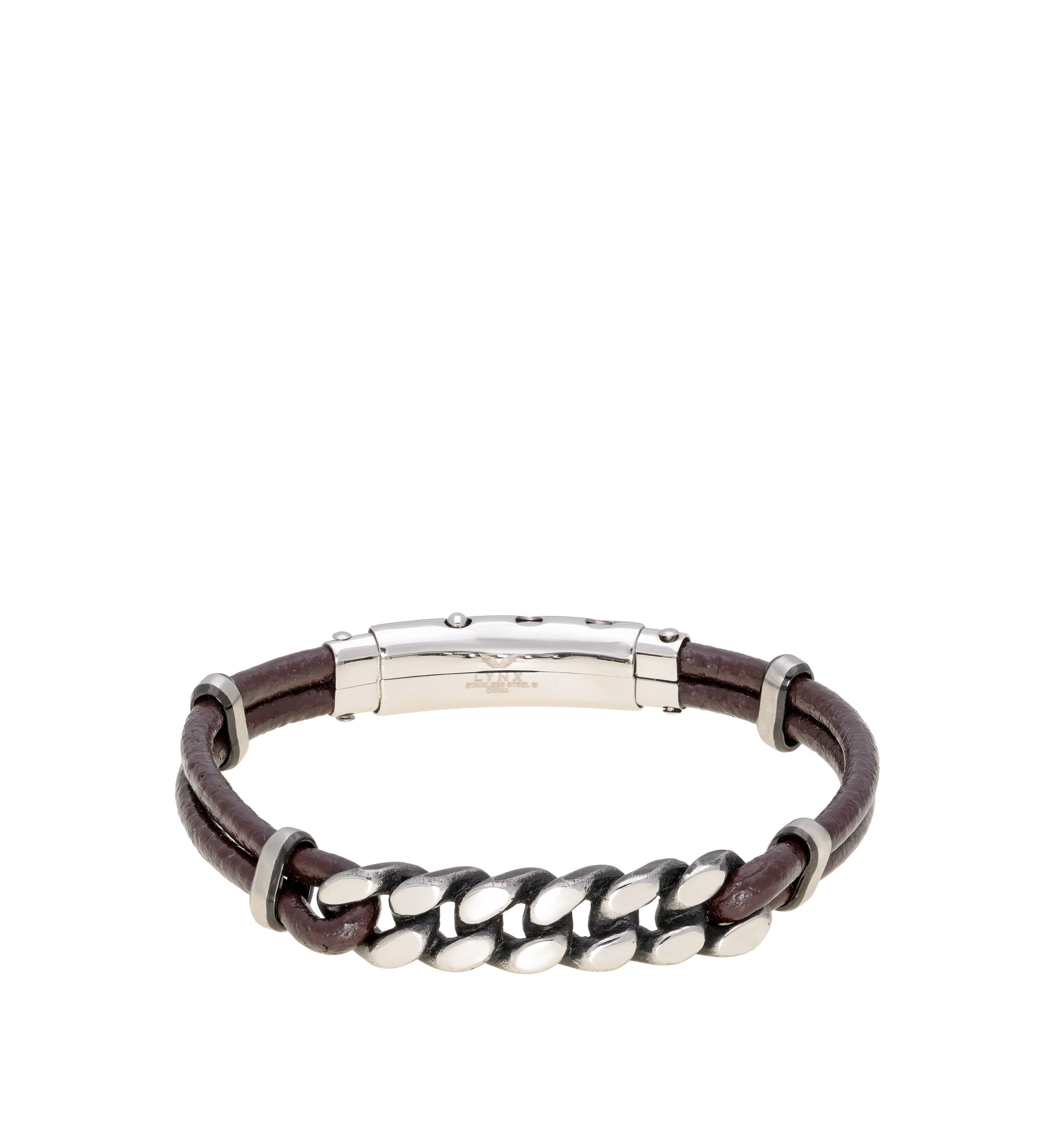 Stainless Steel and Brown Leather Adjustable Bracelet