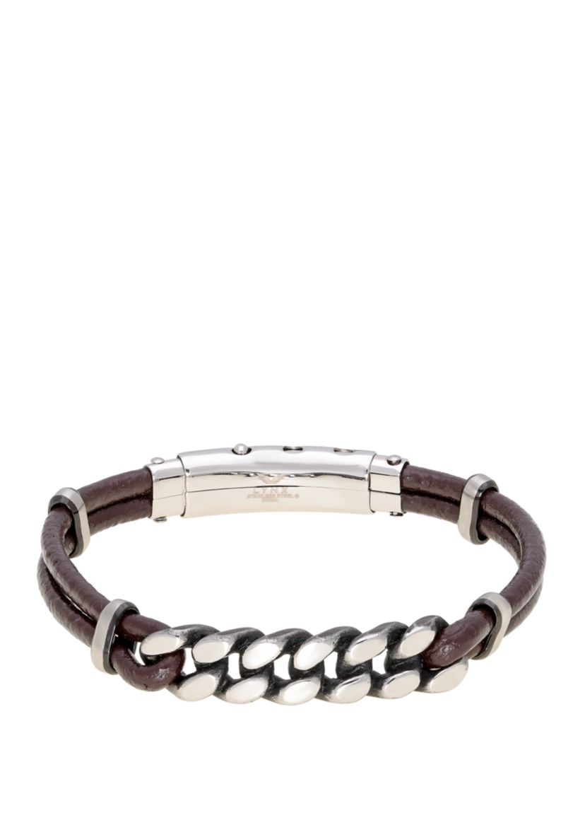 Stainless Steel and Brown Leather Adjustable Bracelet