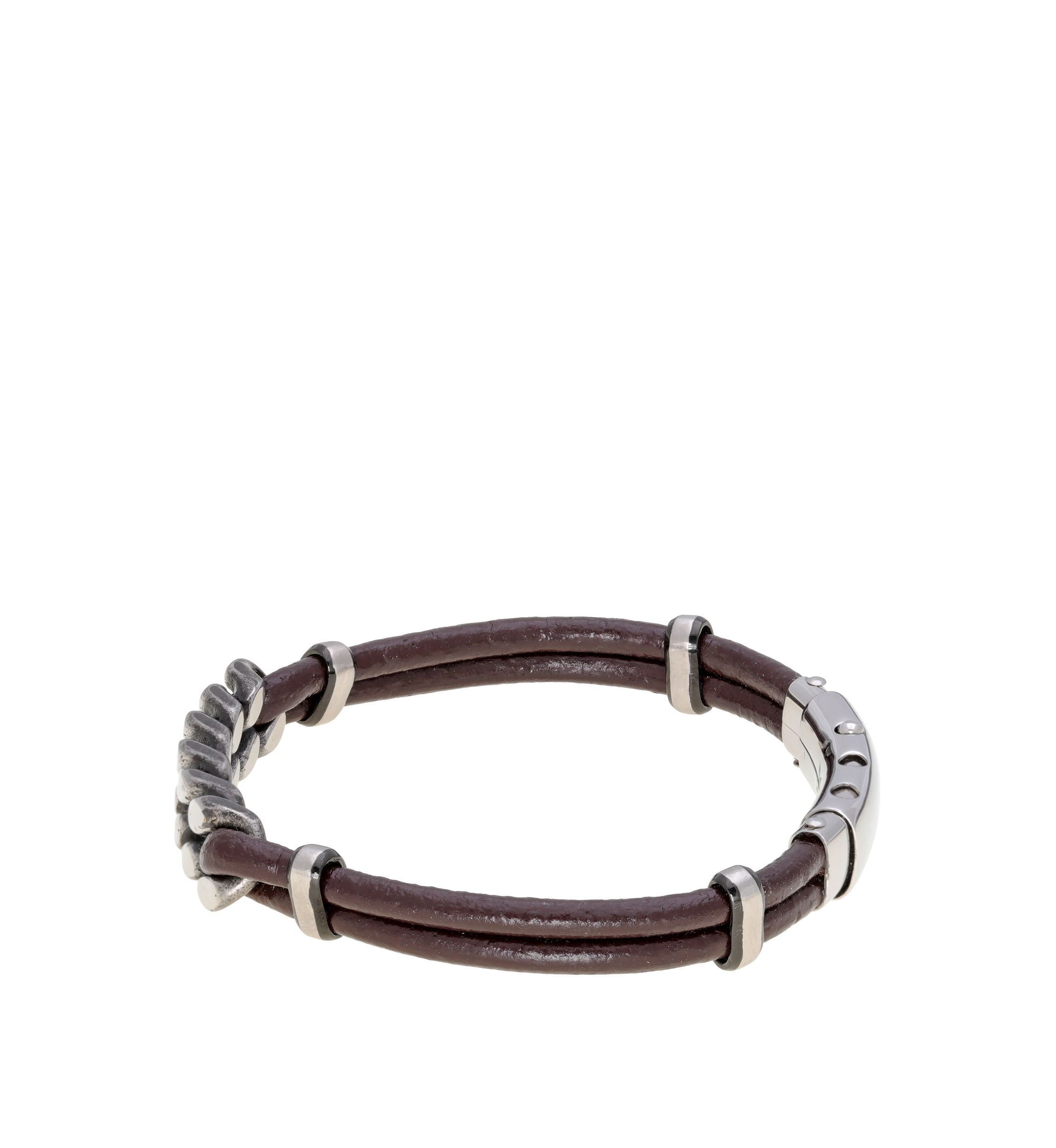 Stainless Steel and Brown Leather Adjustable Bracelet