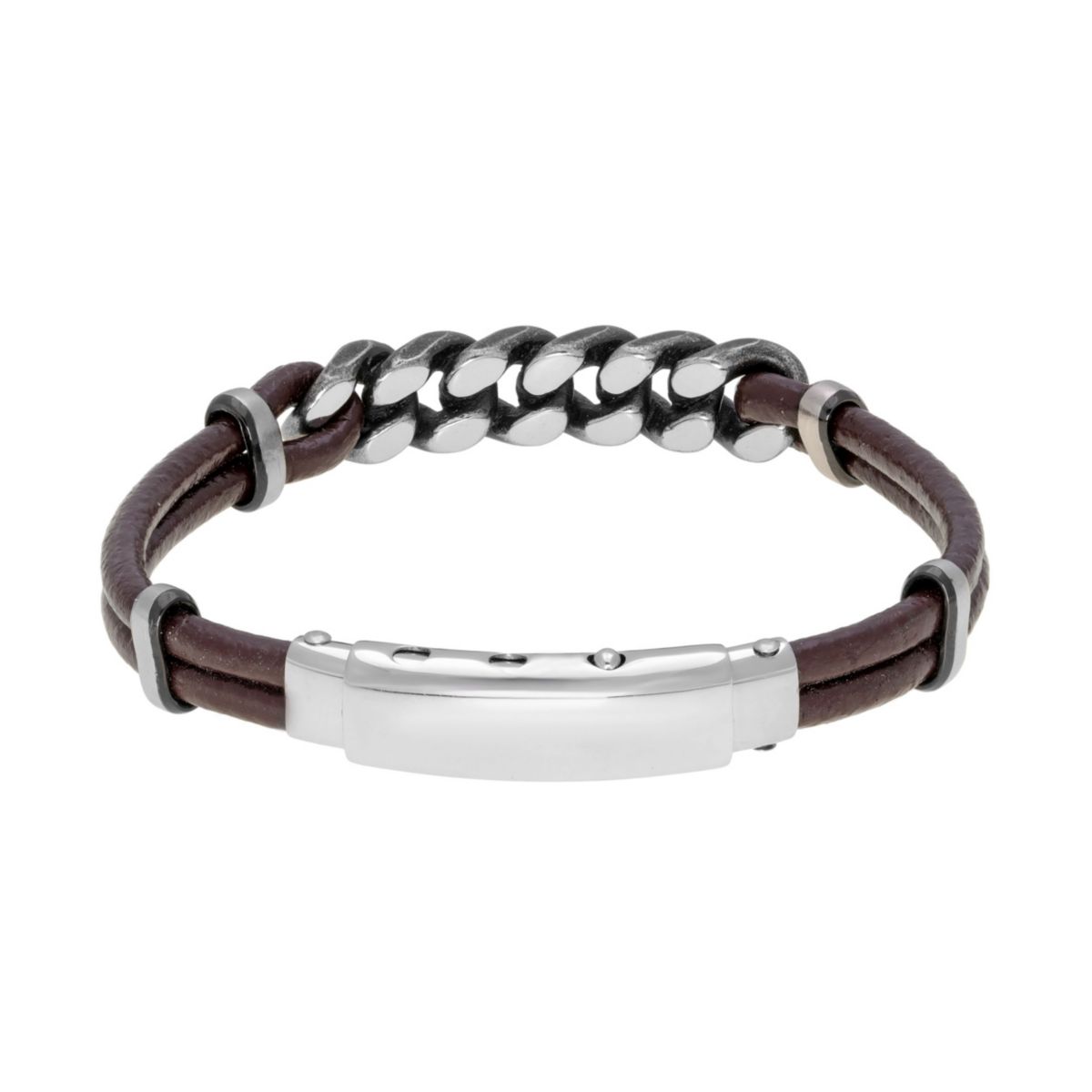 Stainless Steel and Brown Leather Adjustable Bracelet