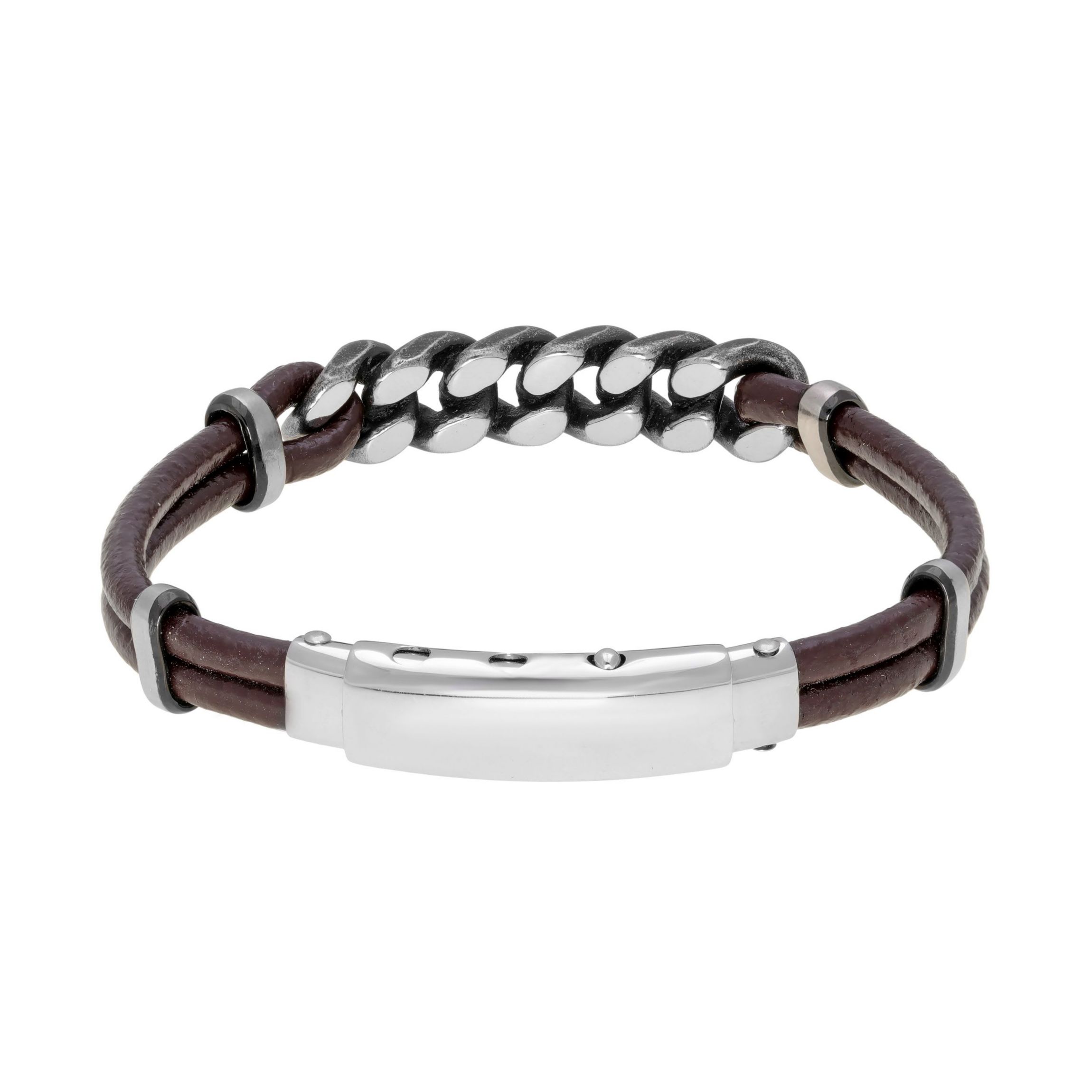 Stainless Steel and Brown Leather Adjustable Bracelet