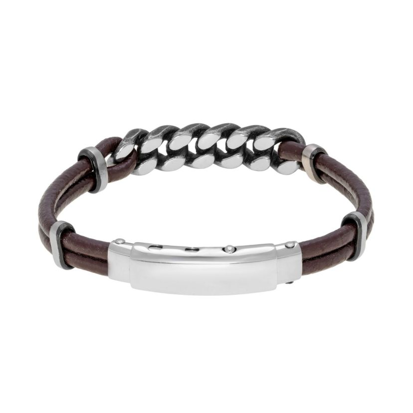 Stainless Steel and Brown Leather Adjustable Bracelet