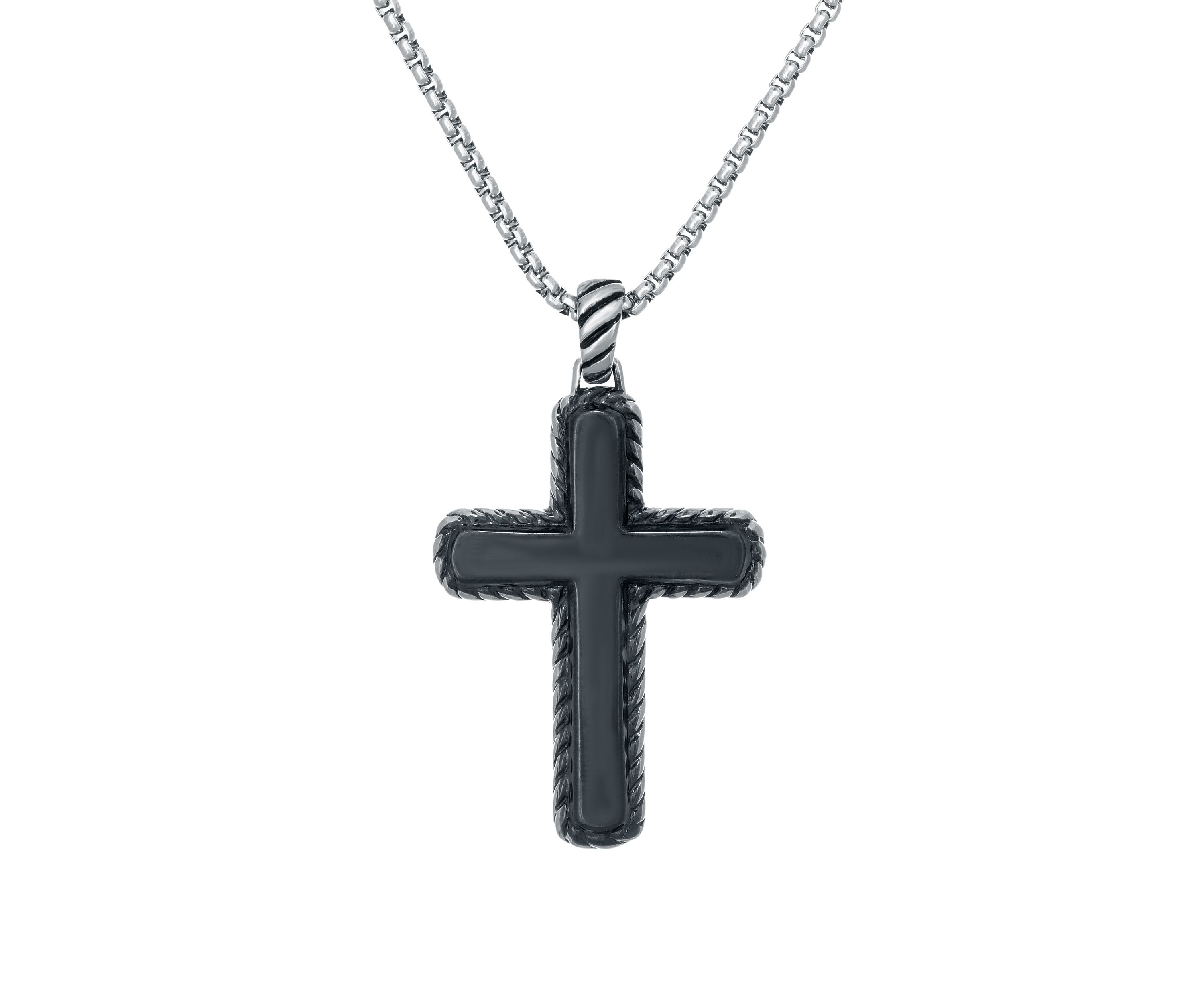 Stainless Steel Cross Pendant with Black Ion Plating on 24" Round Box Chain
