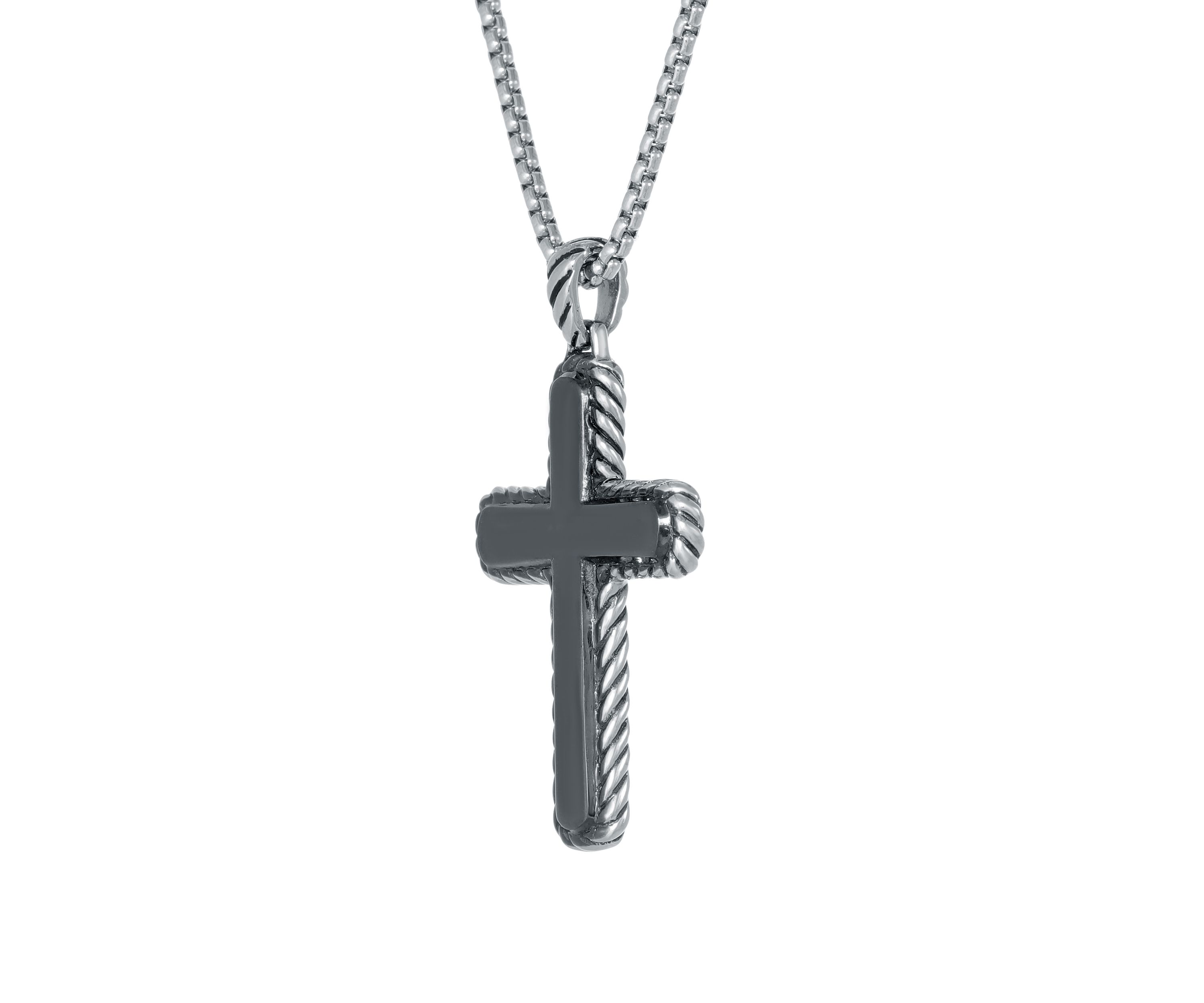 Stainless Steel Cross Pendant with Black Ion Plating on 24" Round Box Chain