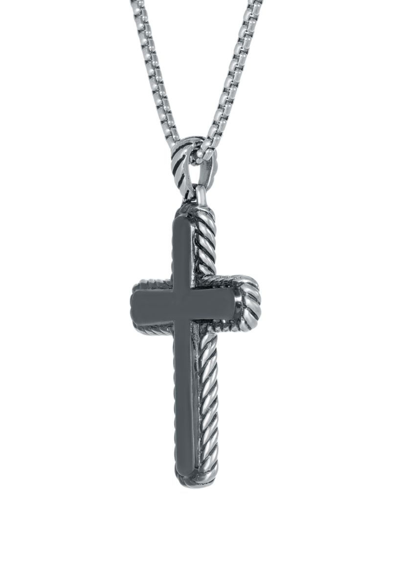 Stainless Steel Cross Pendant with Black Ion Plating on 24" Round Box Chain