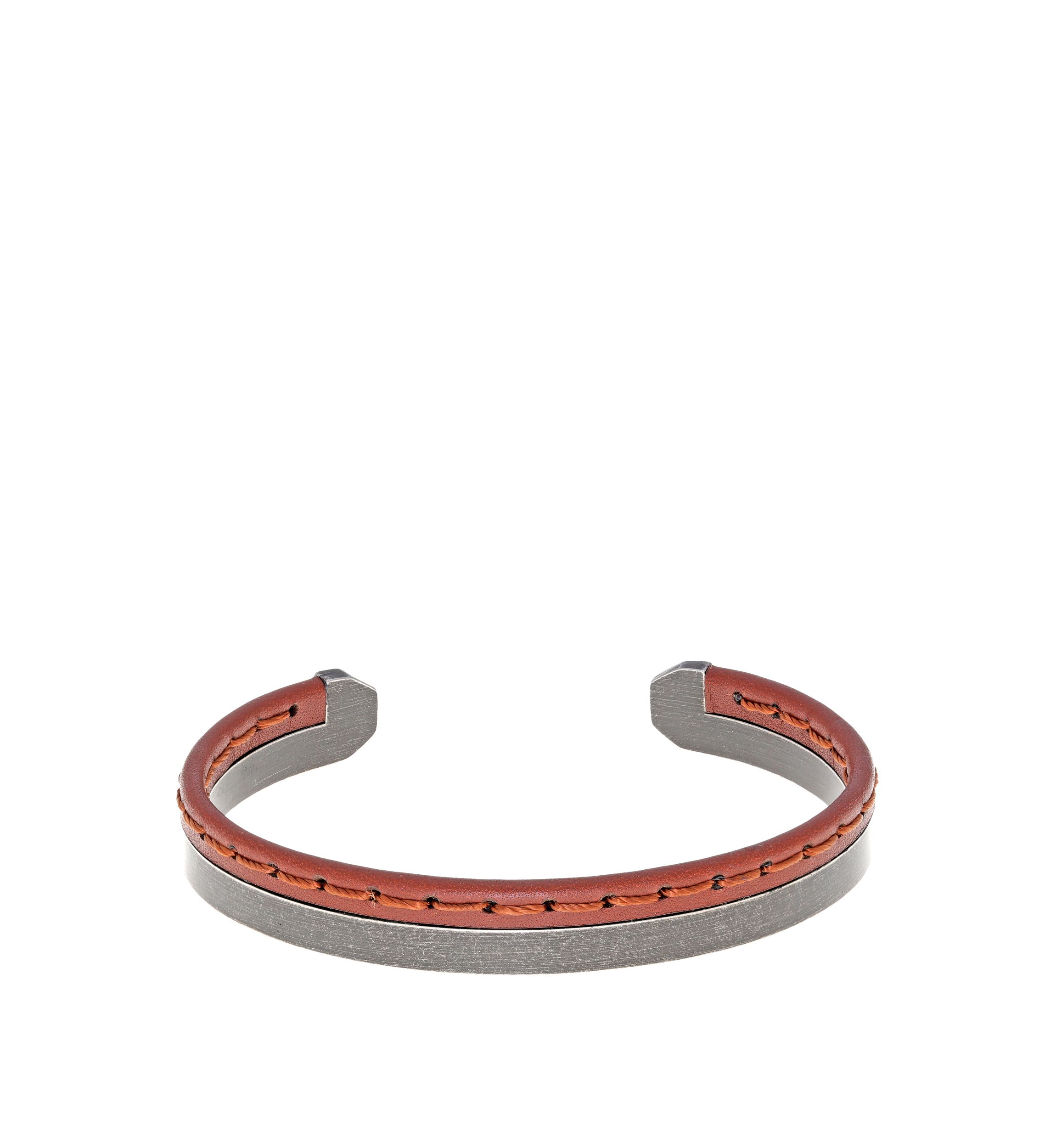 Stainless Steel Brown Stitched Leather Cuff Bangle with Black Ion Plating