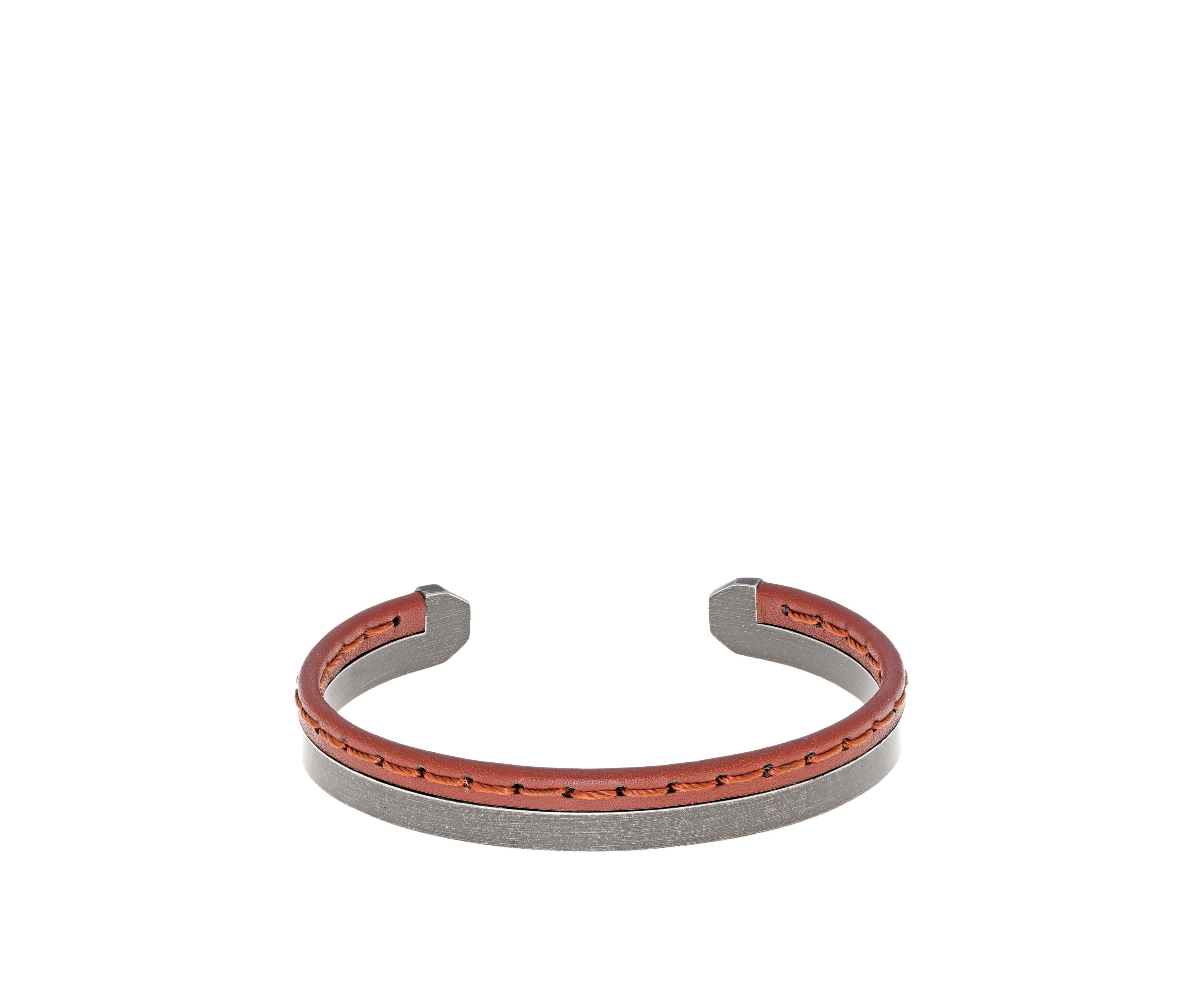 Stainless Steel Brown Stitched Leather Cuff Bangle with Black Ion Plating