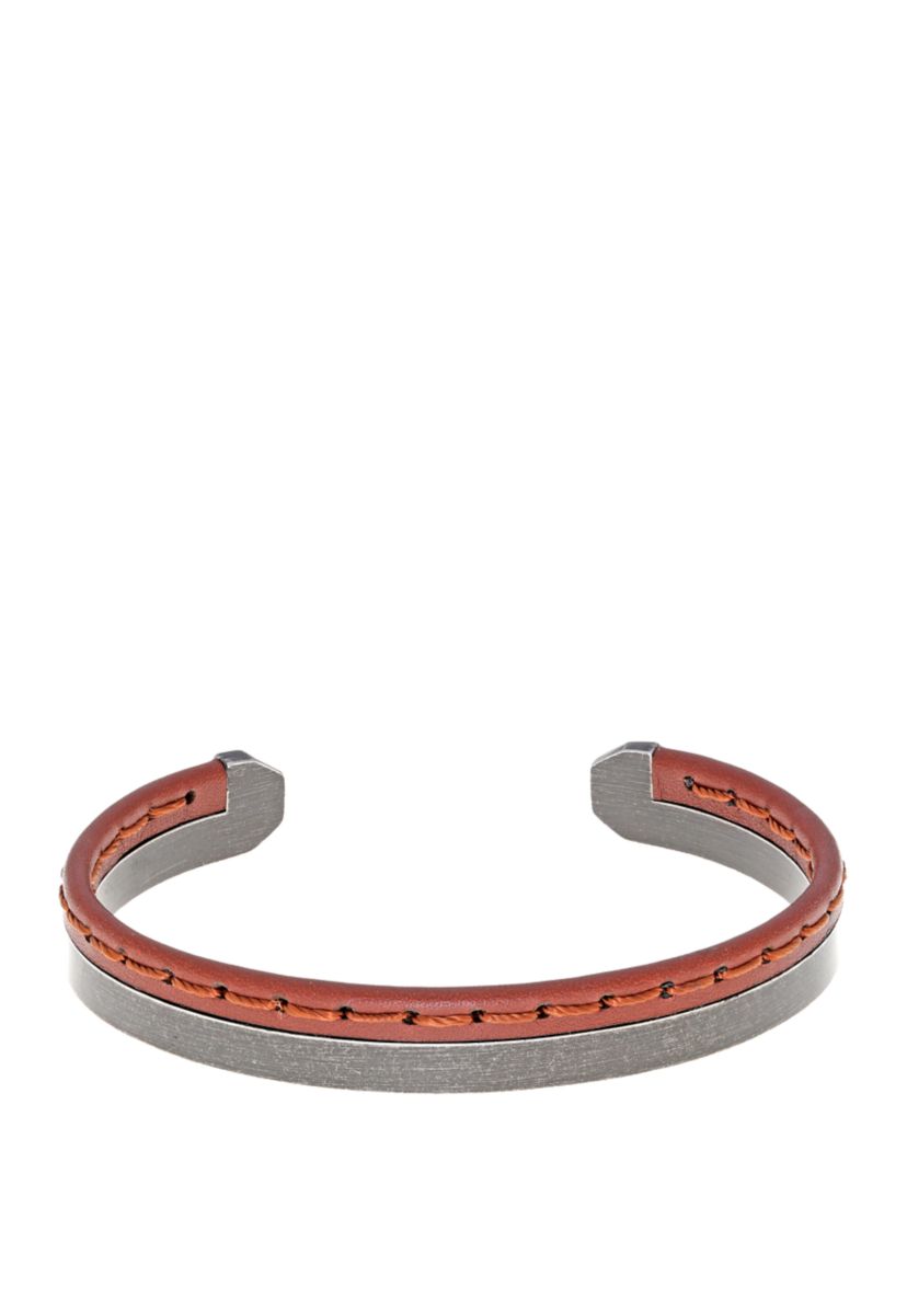 Stainless Steel Brown Stitched Leather Cuff Bangle with Black Ion Plating