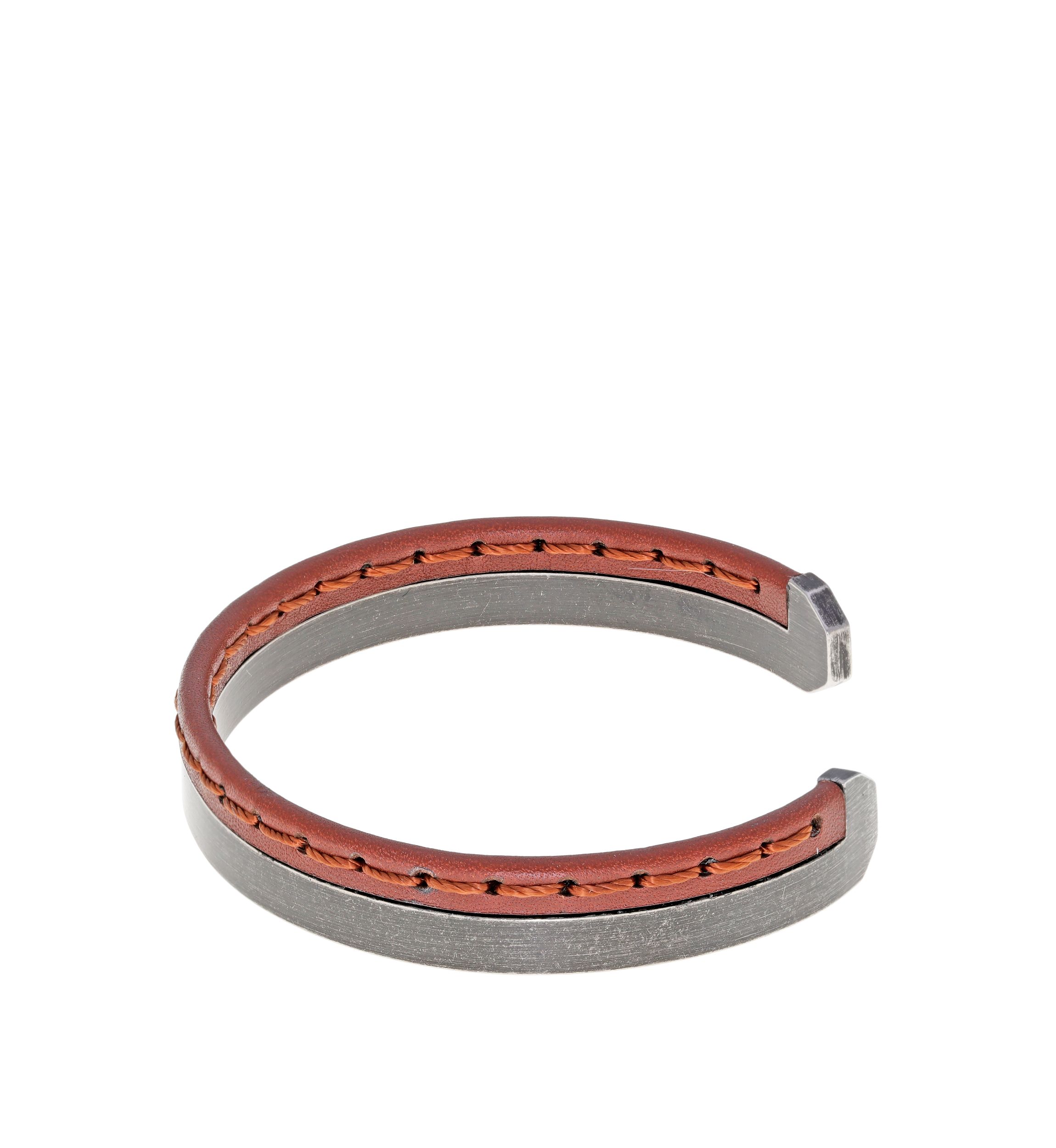 Stainless Steel Brown Stitched Leather Cuff Bangle with Black Ion Plating