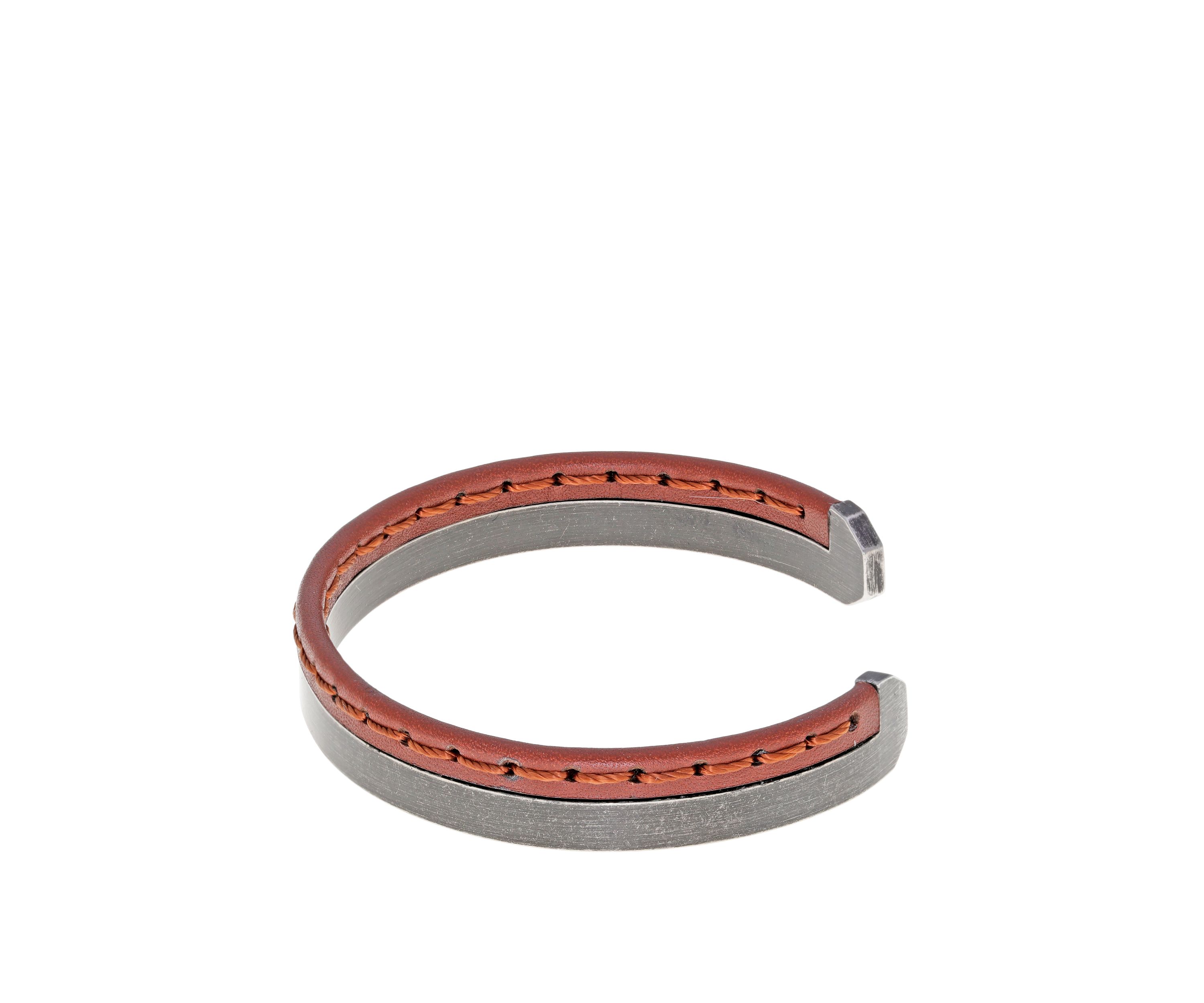 Stainless Steel Brown Stitched Leather Cuff Bangle with Black Ion Plating