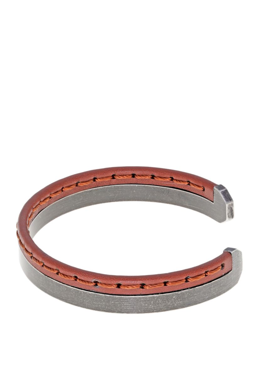 Stainless Steel Brown Stitched Leather Cuff Bangle with Black Ion Plating