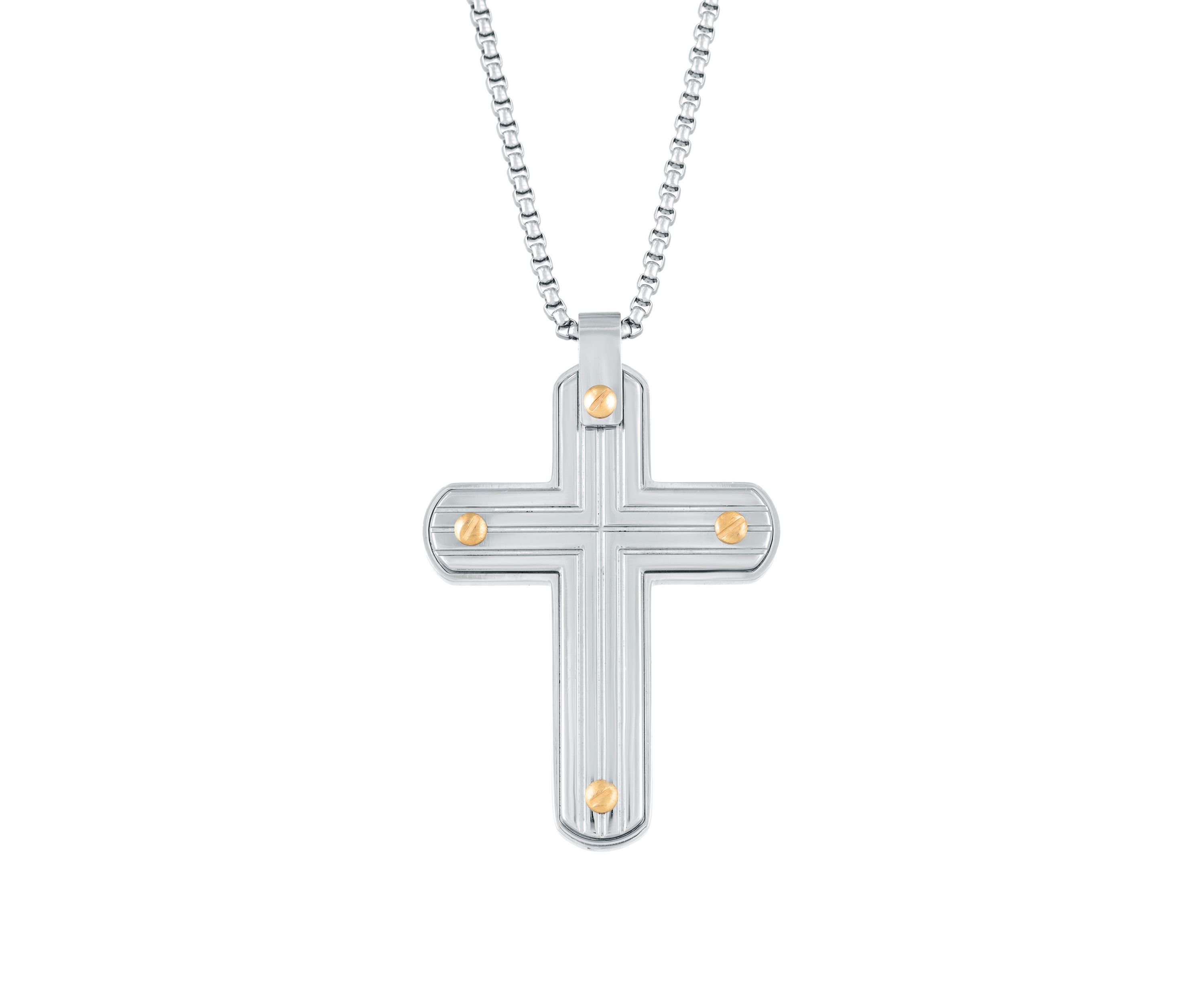 Stainless Steel Cross Pendant with Gold Ion Plating on 24" Round Box Chain