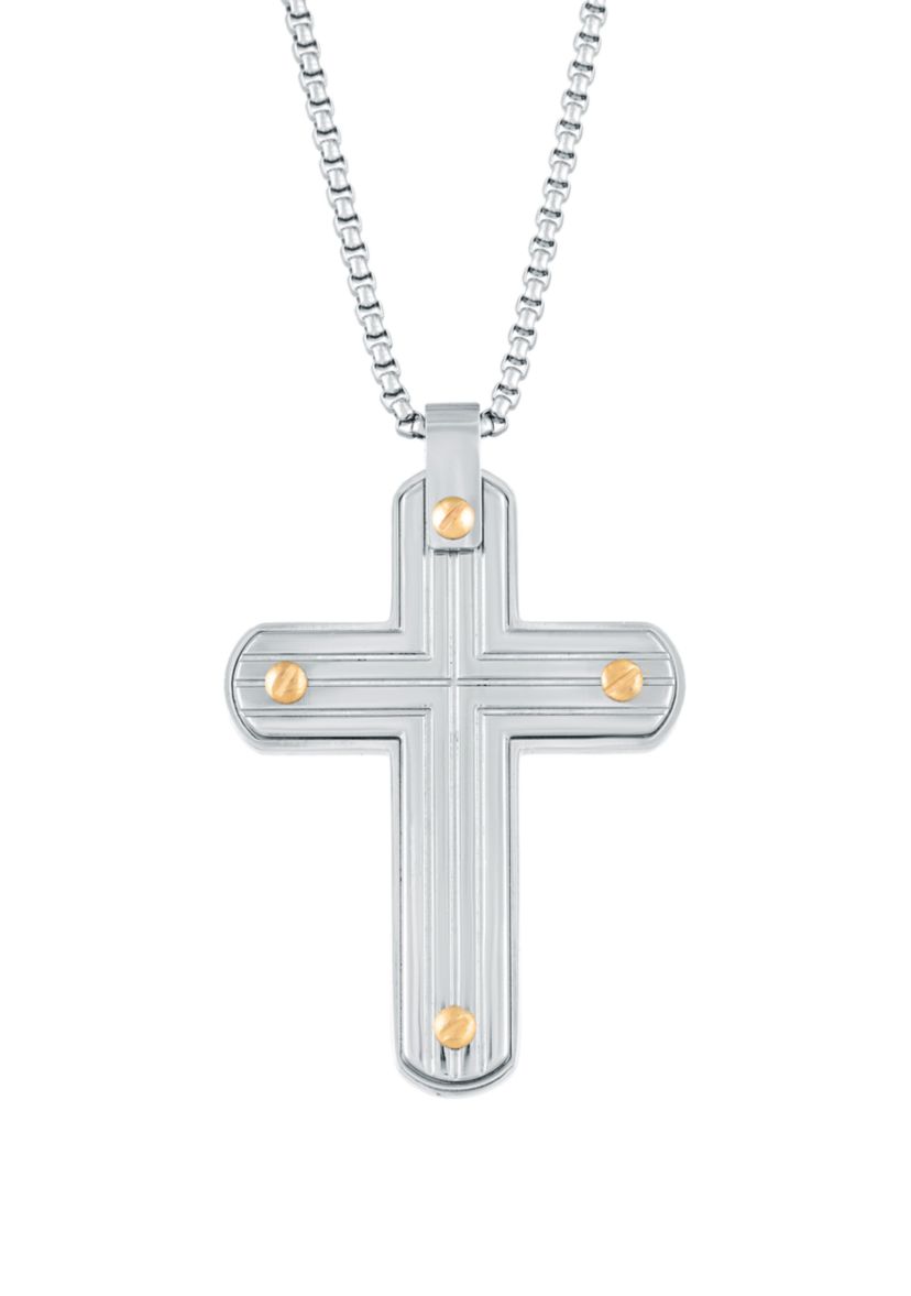Stainless Steel Cross Pendant with Gold Ion Plating on 24" Round Box Chain