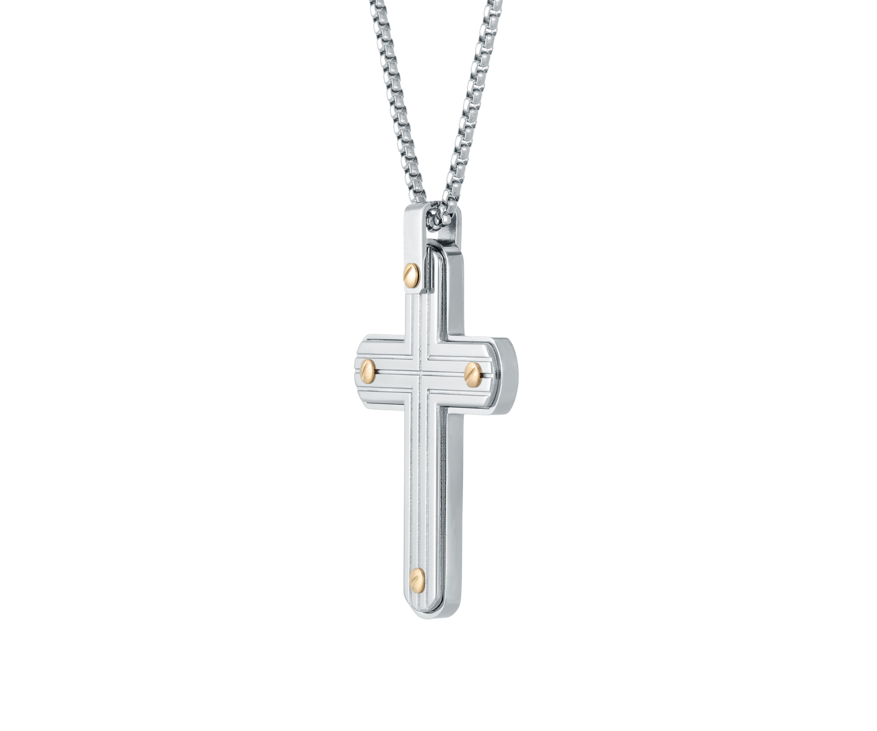 Stainless Steel Cross Pendant with Gold Ion Plating on 24" Round Box Chain