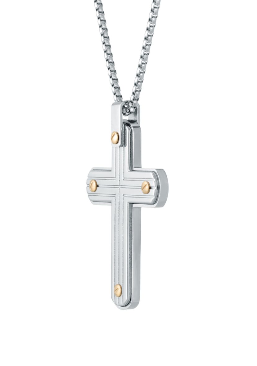 Stainless Steel Cross Pendant with Gold Ion Plating on 24" Round Box Chain