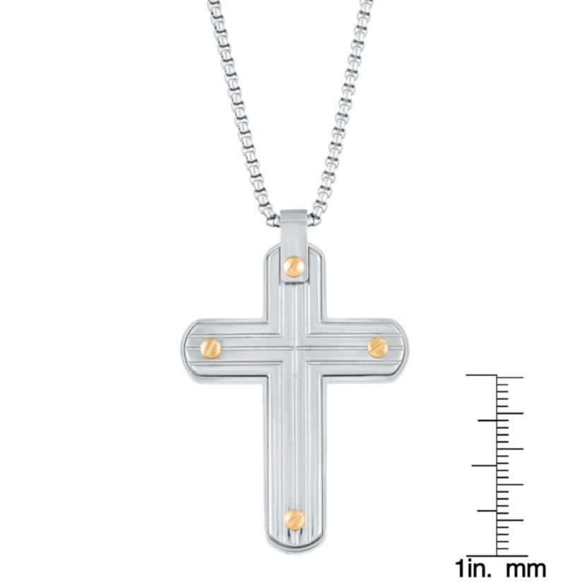 Stainless Steel Cross Pendant with Gold Ion Plating on 24" Round Box Chain