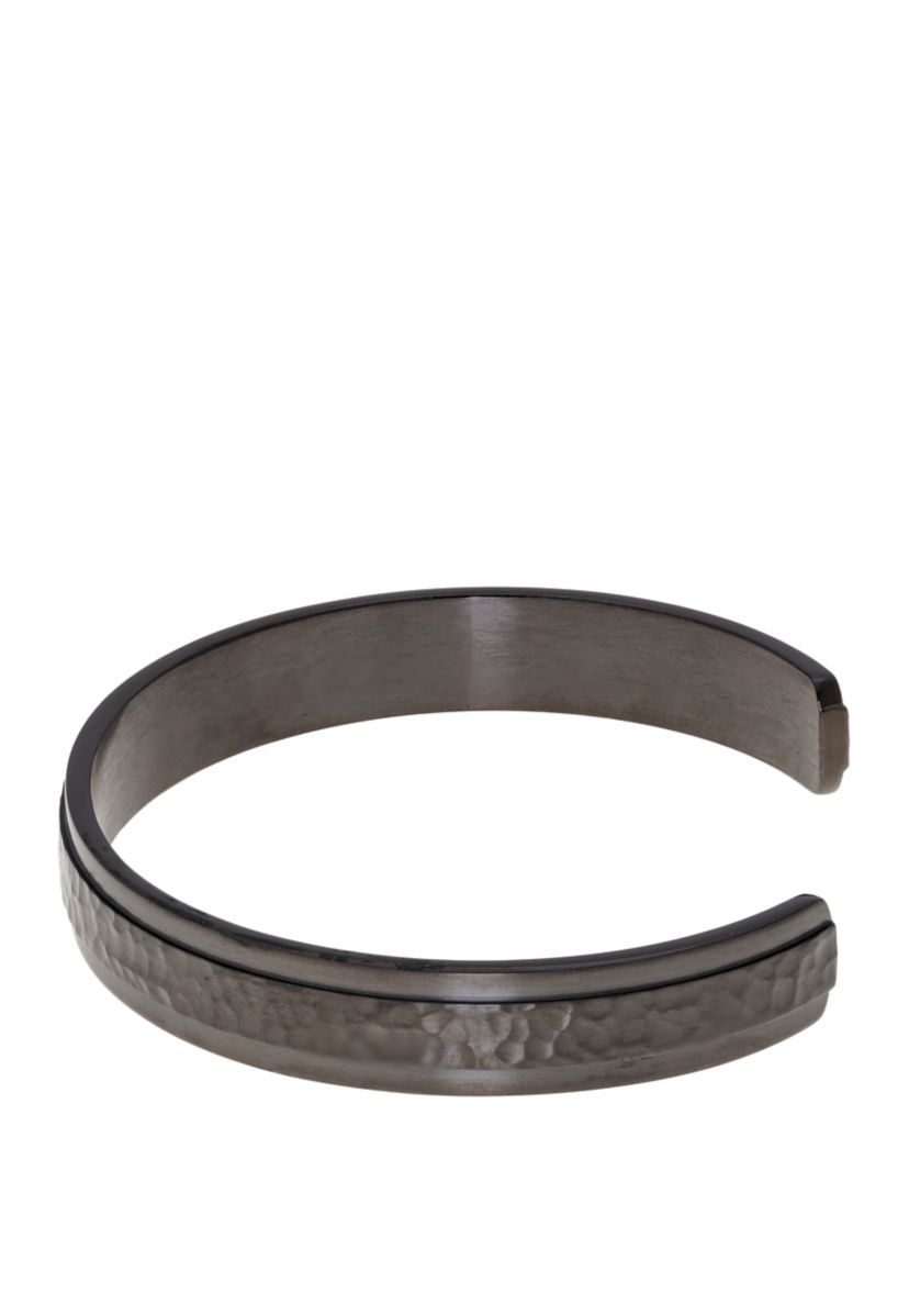 Stainless Steel Hammered Cuff Bangle with Gray Ion Plating