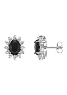 Gemminded Lab Created Oval Gemstone and 1 ct. t.w. Created White Sapphire Earrings in Sterling Silver, Black