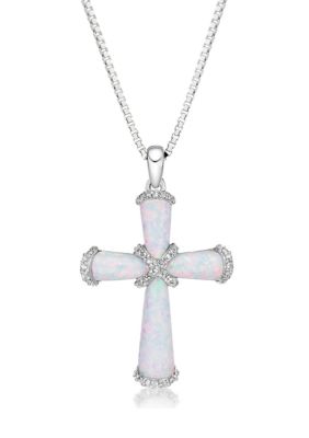 Gemminded Lab Created 2 ct. t.w. Created Opal and Diamond Accent Cross Pendant in Sterling Silver, White, 18 in