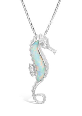 Gemminded Lab Created 0.8 ct. t.w. Created Opal and Diamond Accent Seahorse Pendant in Sterling Silver, White, 18 in