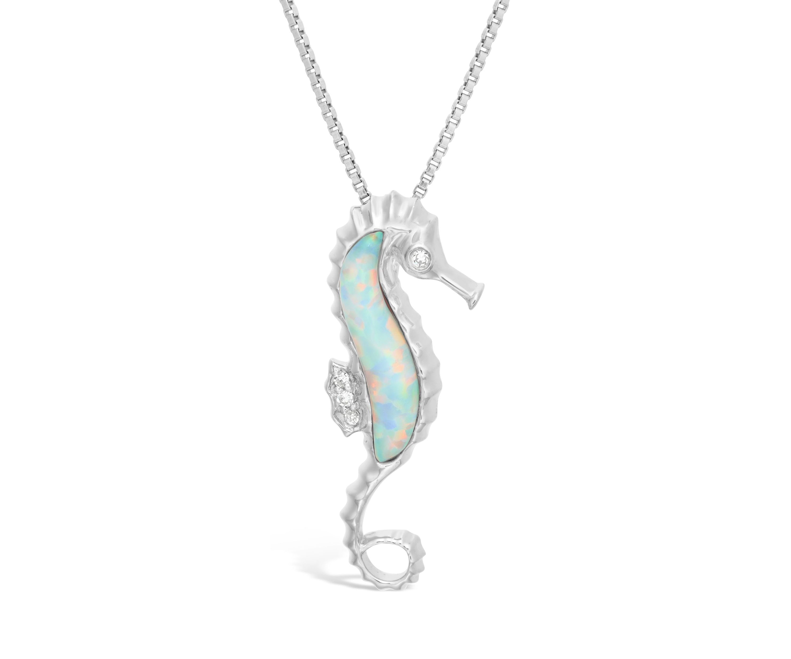 Lab Created 0.8 ct. t.w. Created Opal and Diamond Accent Seahorse Pendant in Sterling Silver
