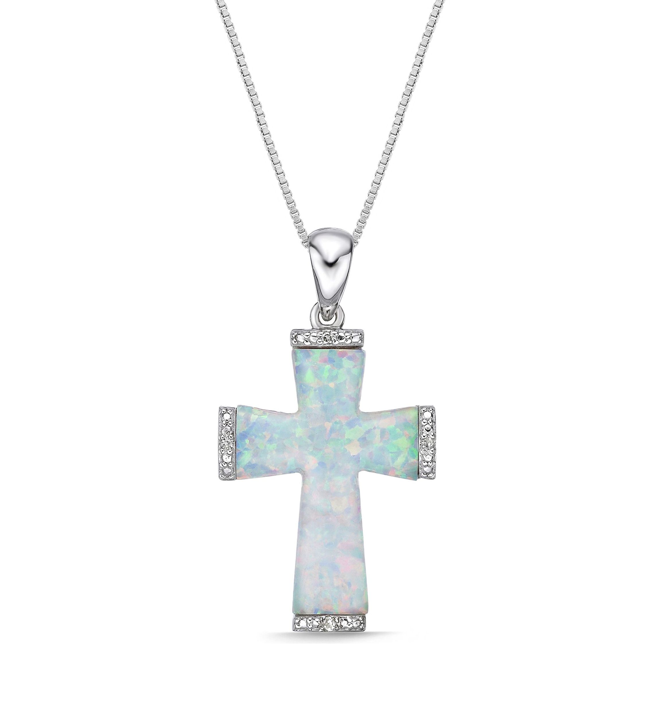 Lab Created 1 ct. t.w. Created Opal and Diamond Accent Cross Pendant in Sterling Silver